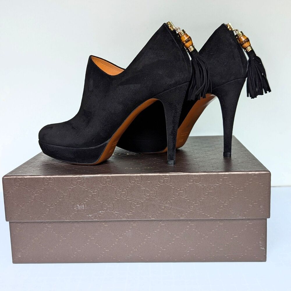 Gucci Betty High Heel Platform Bootie Size 36.5 | 6.5 Black Suede Bamboo Tassel - Picture 11 of 16